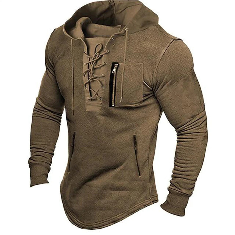 Autumn Mens Spring Lace Top Brushed Solid Color Long Sleeve Zipper Pocket Pullover Streetwear Mens Medium Length Hoodie 241203
