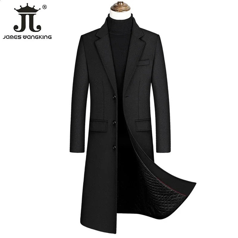 autumn and winter boutique wool black gray classic solid color thick warm mens long wool trench coat mens jacket 241203