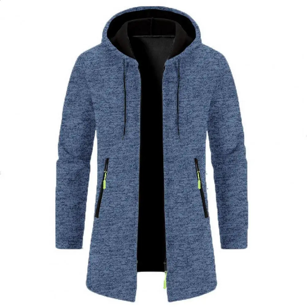Men Coat Stylish Hooded Zipper Cardigan Versatile Mens Outerwear for Fallwinter Medium Length Thickened Knitwear 241202