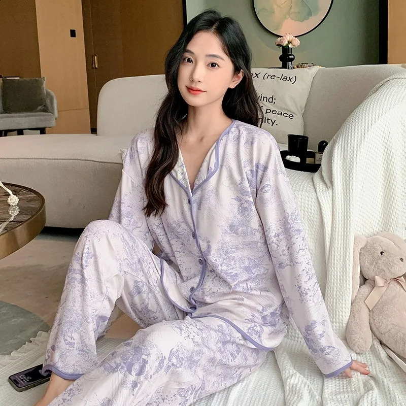 Light Purple Casual Women Pajama Cute Sleepwear Autumn Winter Long Sleeve Pants Soft Pyjamas Cozy Pijamas Girl Pijama Comfy 241203