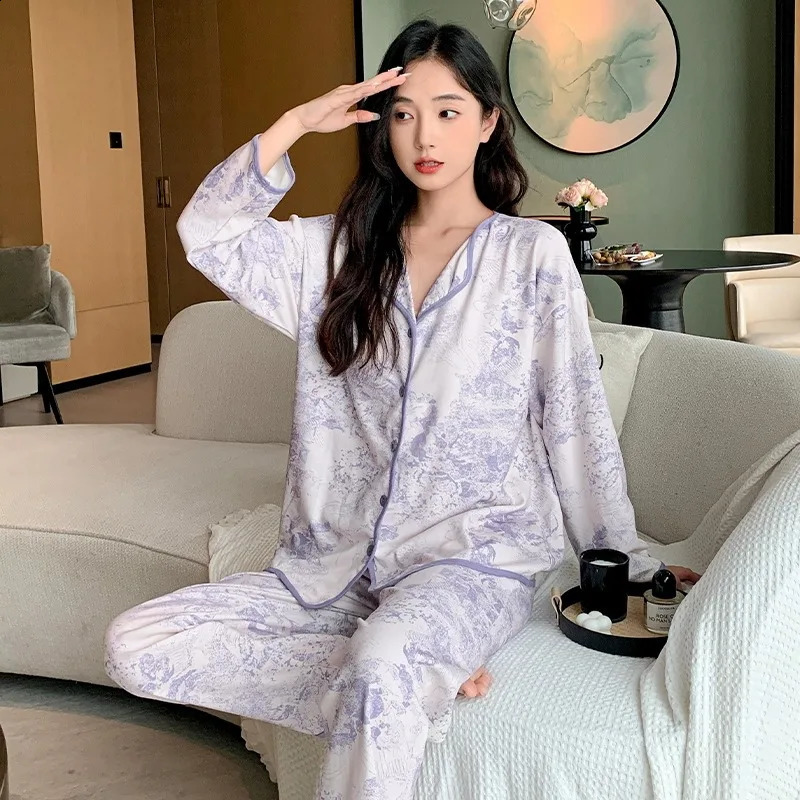 Light Purple Casual Women Pajama Cute Sleepwear Autumn Winter Long Sleeve Pants Soft Pyjamas Cozy Pijamas Girl Pijama Comfy 241203