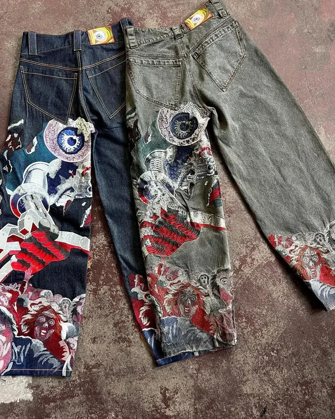 Cracked jeans hip-hop punk embroidery printed pocket jeans mens heavy-duty craftsmanship retro style wide leg pants Gothic Y2k jeans 241203