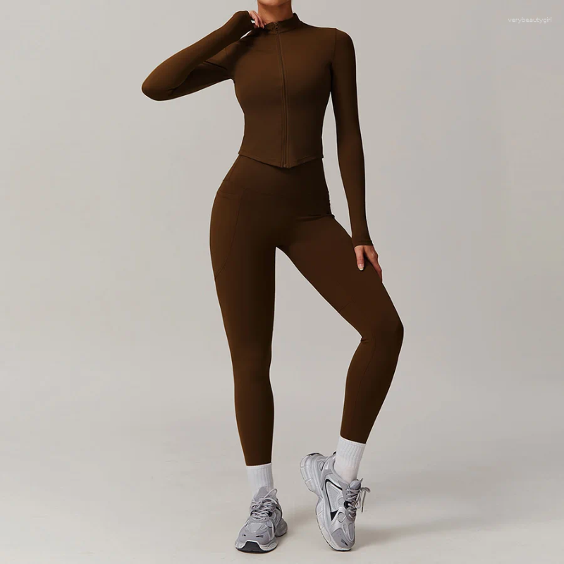 Active Sets 2PCS Yoga Set Women Sportswear Fitness Gym Clothes Crop Sports Workout High Waist Leggings Long-sleeved Jacket Shorts Suit 8408