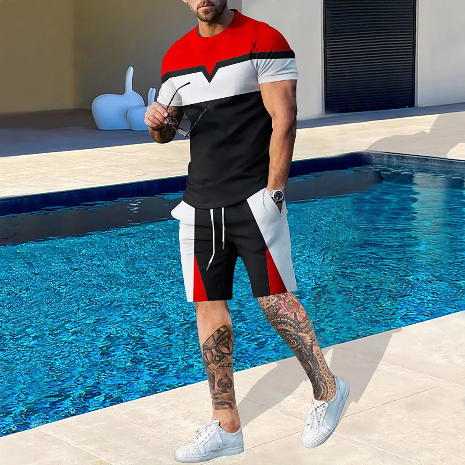 Summer 2-piece T-shirt Set Mens Sportswear T-shirt Set Fitness Set Oversized Street Short Sleeve with Pants Track Clothes 241203