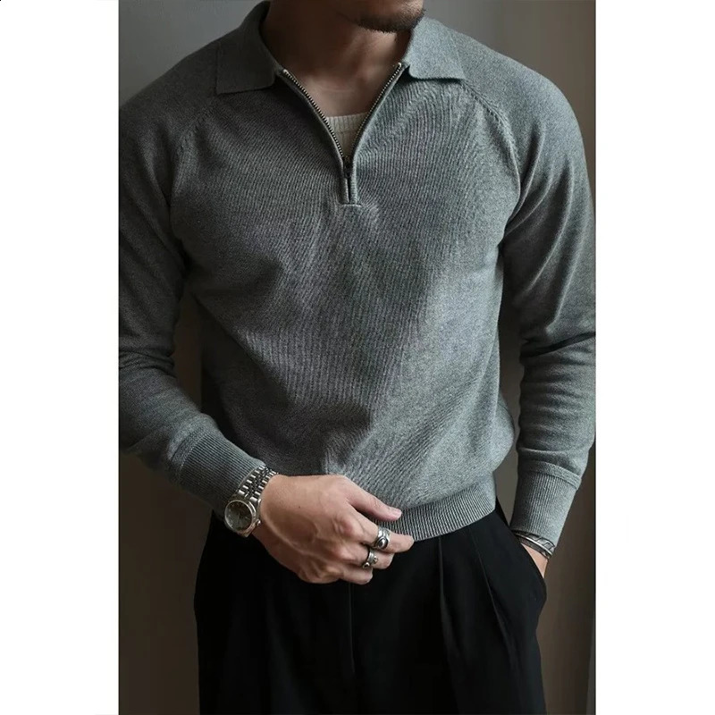 Autumn clothing mens knitted polo shirt casual fashion zipper solid color long sleeved zipper casual shirt 241203