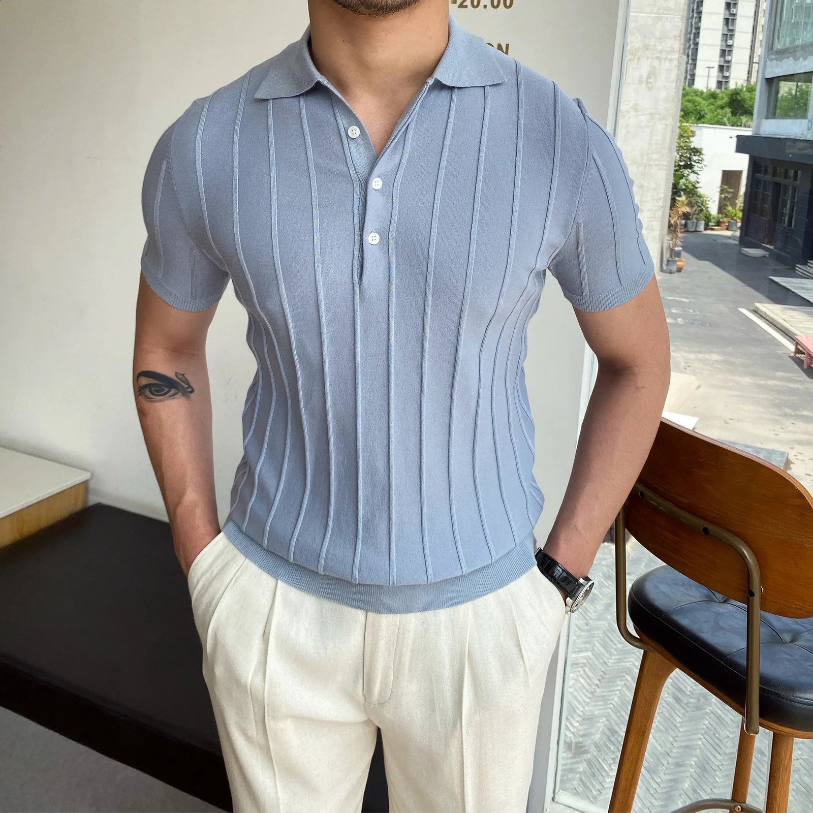 Spring and summer knitted polo shirt mens casual lapel button fashion striped pure cotton top latest silk cotton knitted 241203