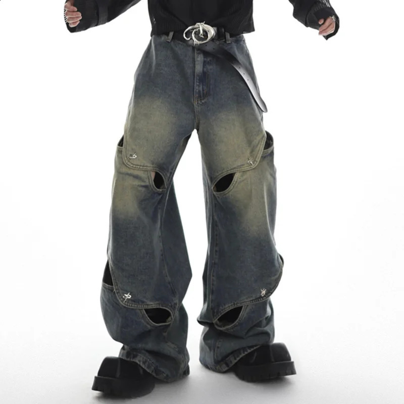 NOYMEI mens Y2K jeans street decal loose mens hollow fashionable retro metal buttons straight jeans wide leg WA1321 241203