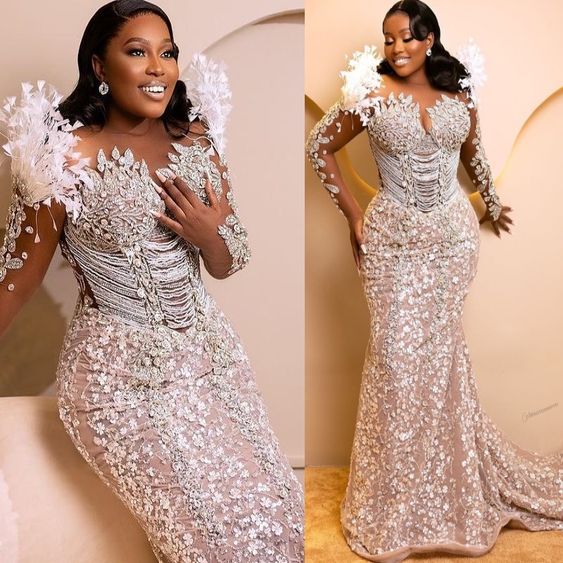 2025 Arabic Aso Ebi Plus Size Illusion Ivory Mermaid Wedding Dresses Floral Lace Rhinestones Feather Full Sleeves Bridal Gowns Dress For Bride
