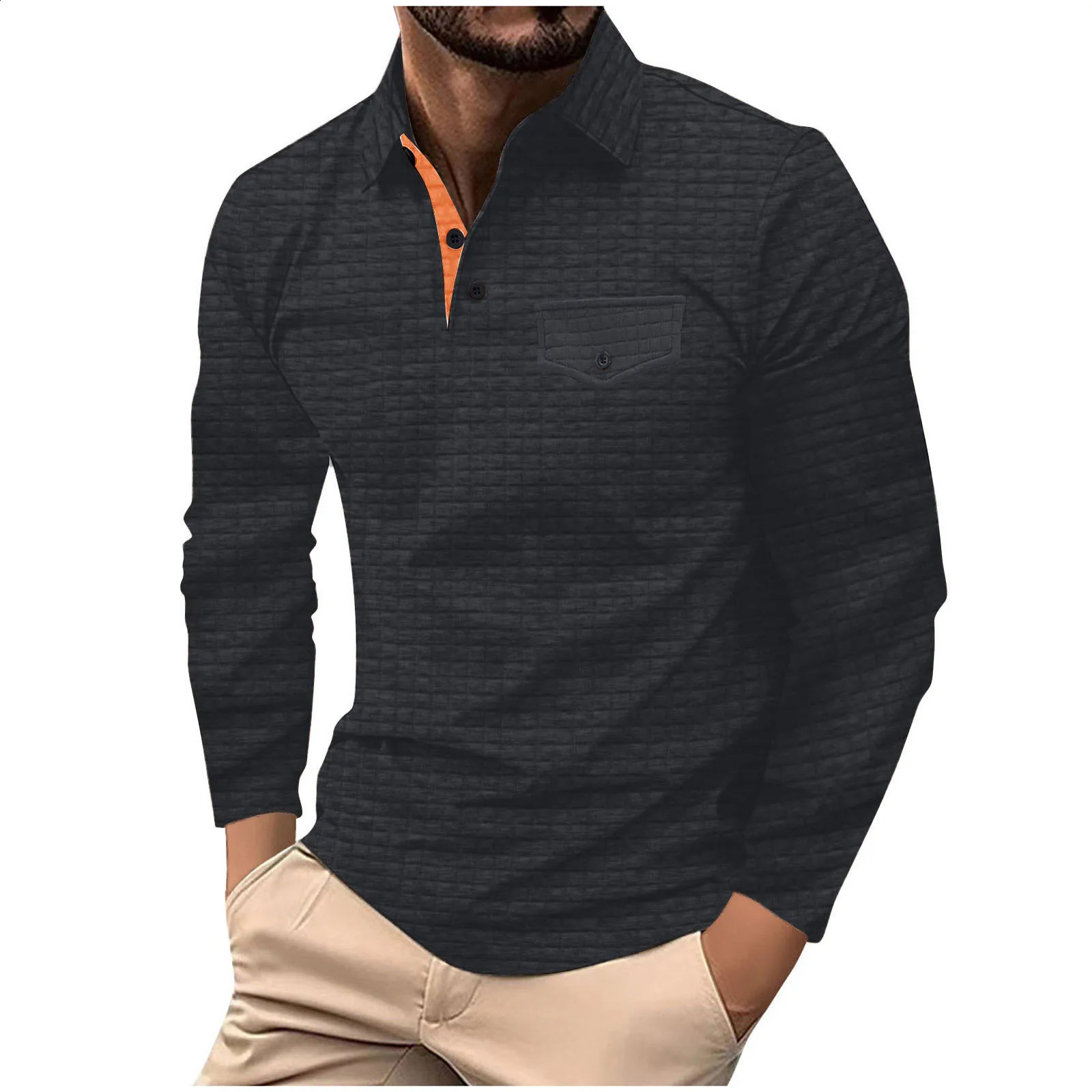 Autumn and winter long sleeved sports polo shirt with chest pocket casual color matching grid thickening 241203