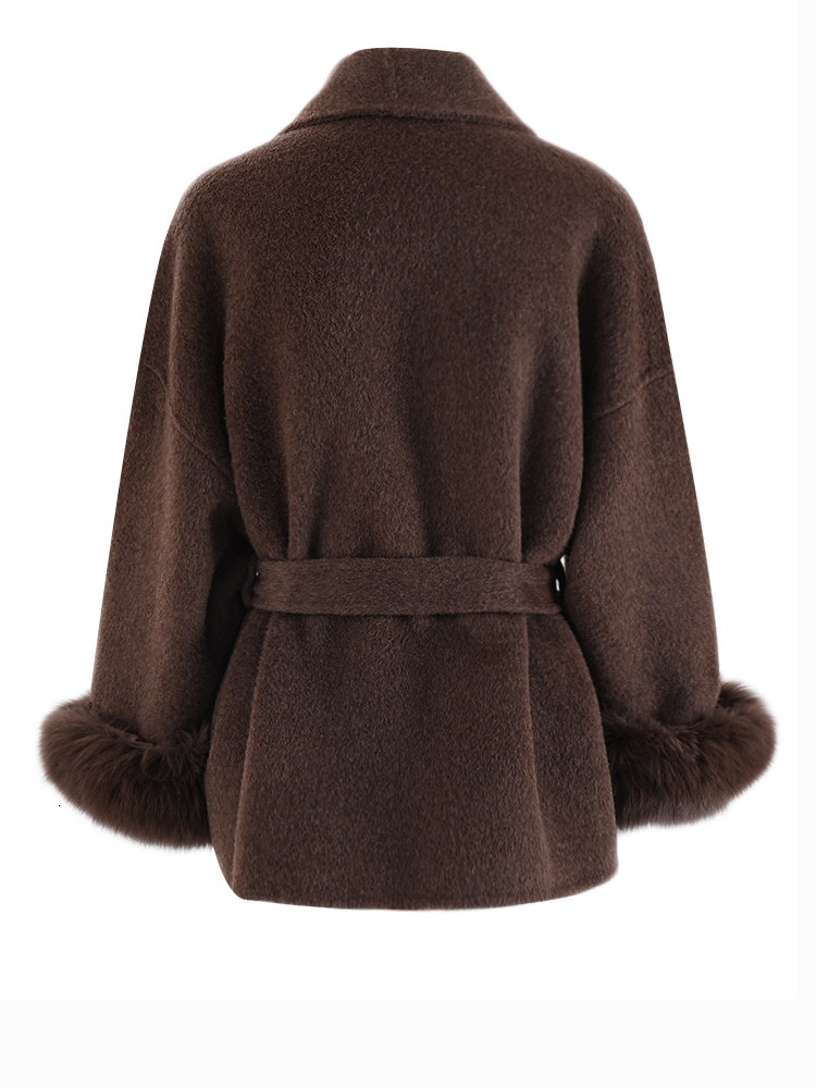 EAM Wine Red Fur Cuff Big Size Belted Woolen Coat New Lapel Long Sleeve Women Jacket Fashion Tide Autumn Winter 2024 Cpg2347