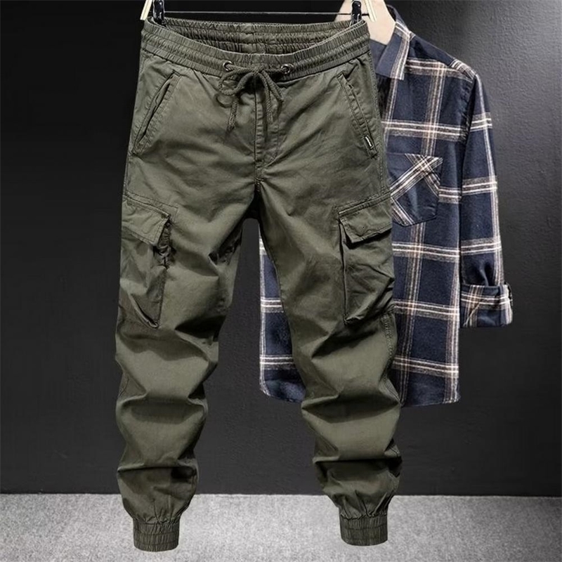 Men Cargo Pants Drawstring Elastic Waist Loose Multi Pockets Breathable Anklebanded Streetwear Hip Hop Long Trousers Mens pant 241203