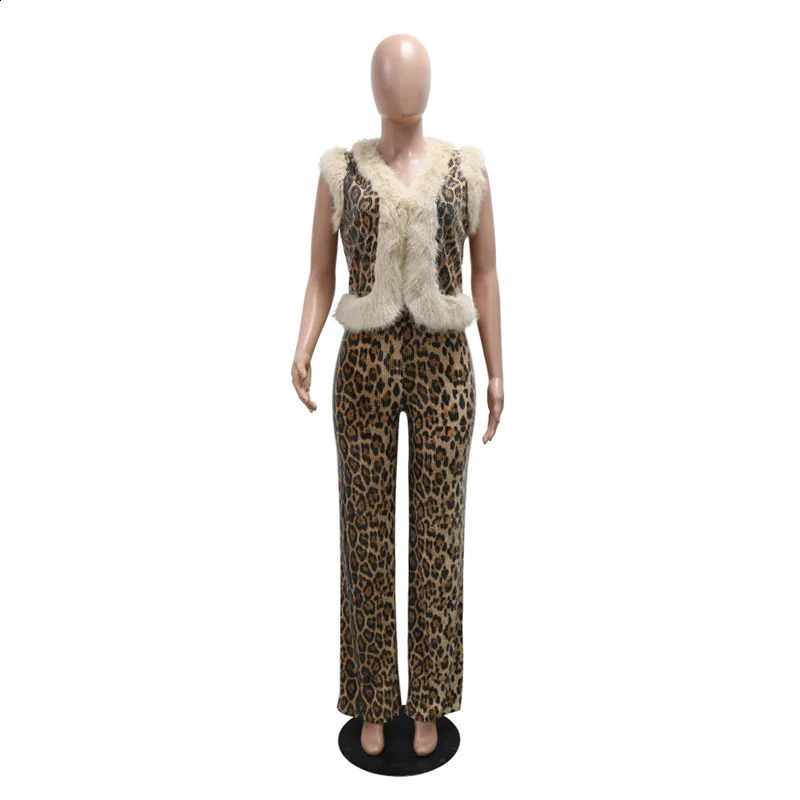 Leopard Sparkle 2-piece Womens Feather Fur Sleeveless Leopard Tank Top and Casual Straight Pants Set 241203