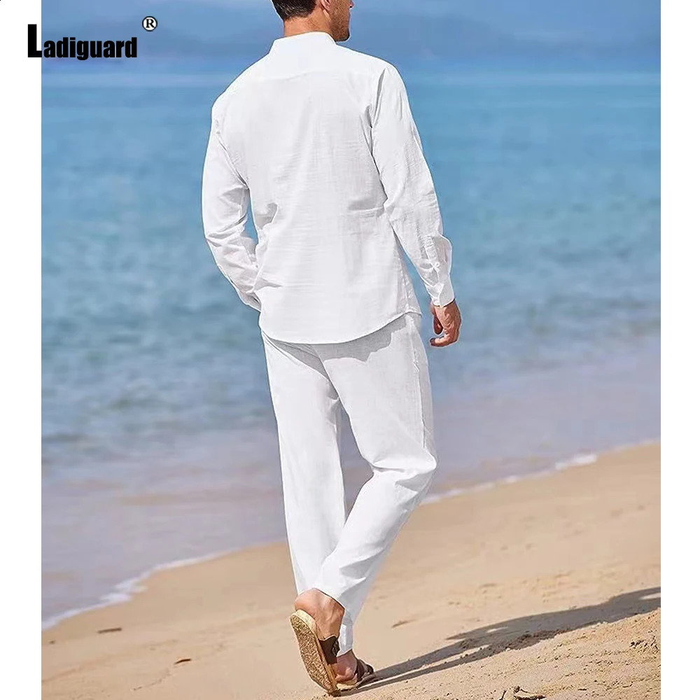 Ladiguard Plus size mens casual linen two-piece set European style basic top and white pants set mens beach track suit set 241203