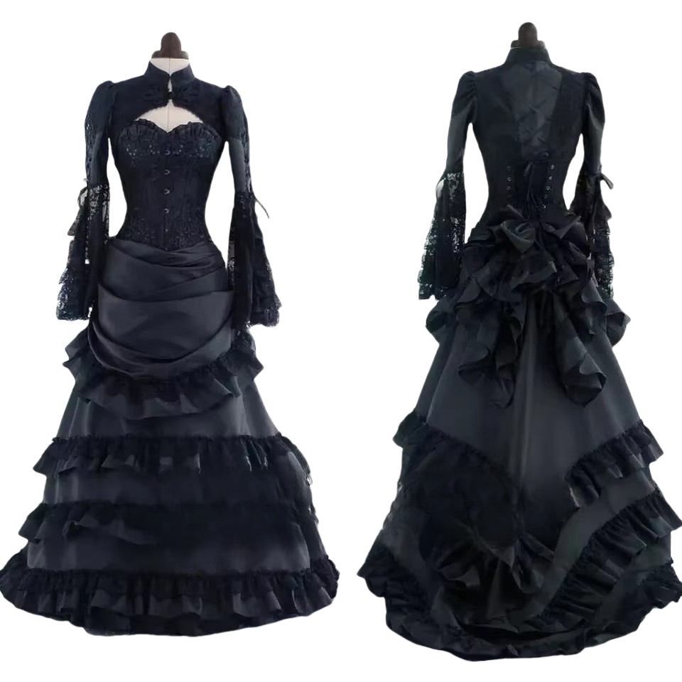 Customized Black Vintage Gothic Wedding Dresses High Neck Satin Lace Ruffles Tiered Bridal Gowns vestidos de novia bodlla grande