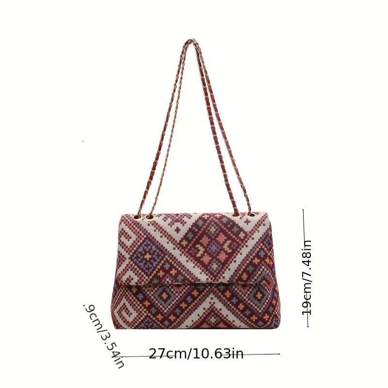 Ethnic style canvas crossbody Bohemian chain shoulder bag, geometric embroidery women's handbag wallet
