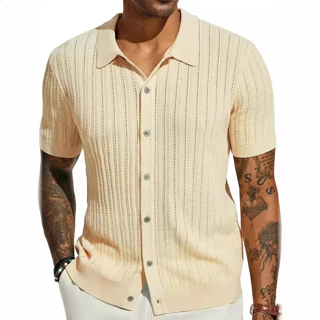 Summer short sleeved mens polo shirt fashionable solid color striped loose cardigan mens casual knitted polo top 241203