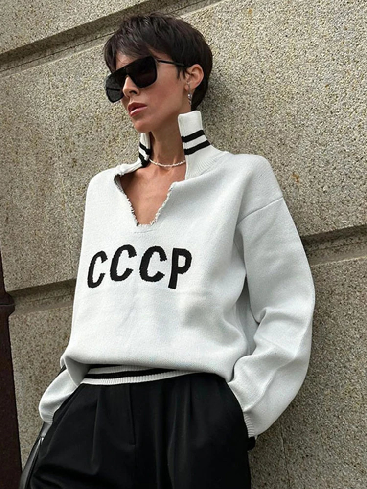 Knitted Vneck Womens Sweater Letter Striped turtleneck Pullover Casual Loose Long Sleeve Hoodies Street Vintage Women Sweaters 241203