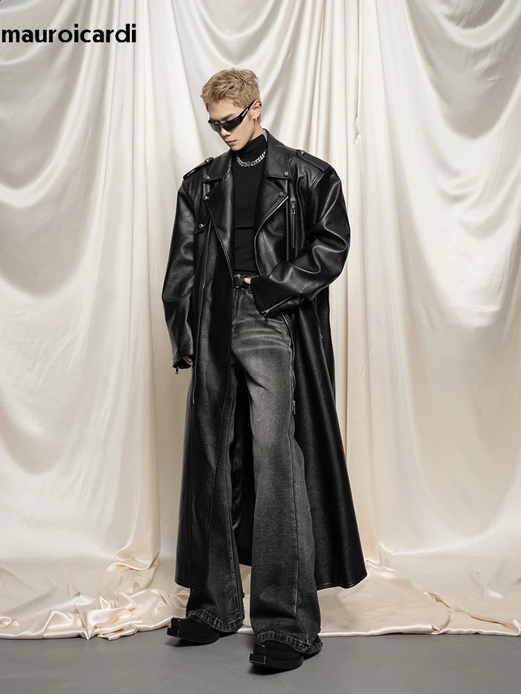Mauroicardi Spring and Autumn Ultra Thin Black Pu Leather Trench Coat Mens Zipper Loose European Fashion 241203