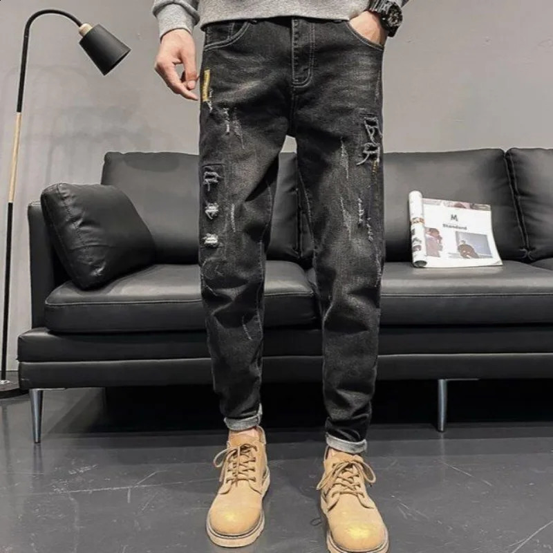 Mens Jeans Cargo with Openings Black Tear Mens Jeans Cone Break Korean Trouser Cotton Soft Trend Xs 241203