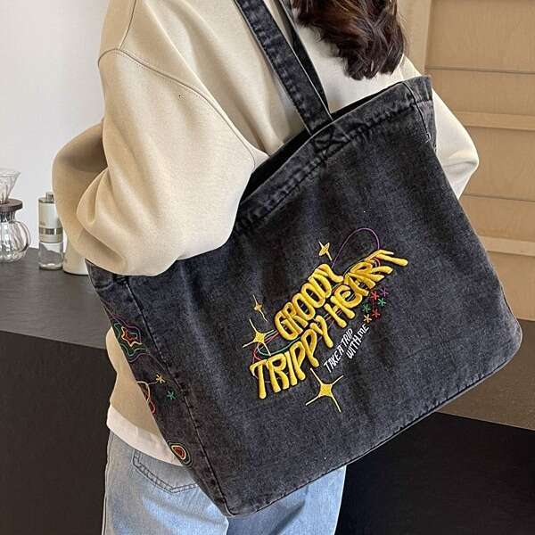 Lazy Style Large Capacity Canvas Women's Washed Denim Cloth Tote Bag For Students Commuting To School Backpack