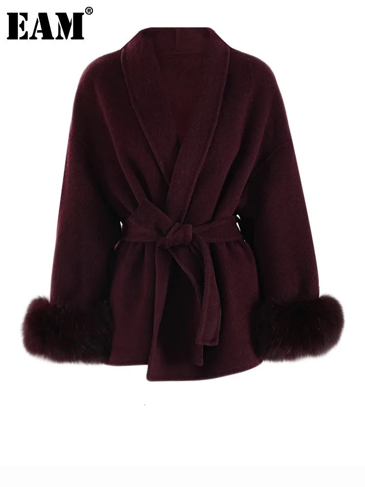 EAM Wine Red Fur Cuff Big Size Belted Woolen Coat New Lapel Long Sleeve Women Jacket Fashion Tide Autumn Winter 2024 Cpg2347