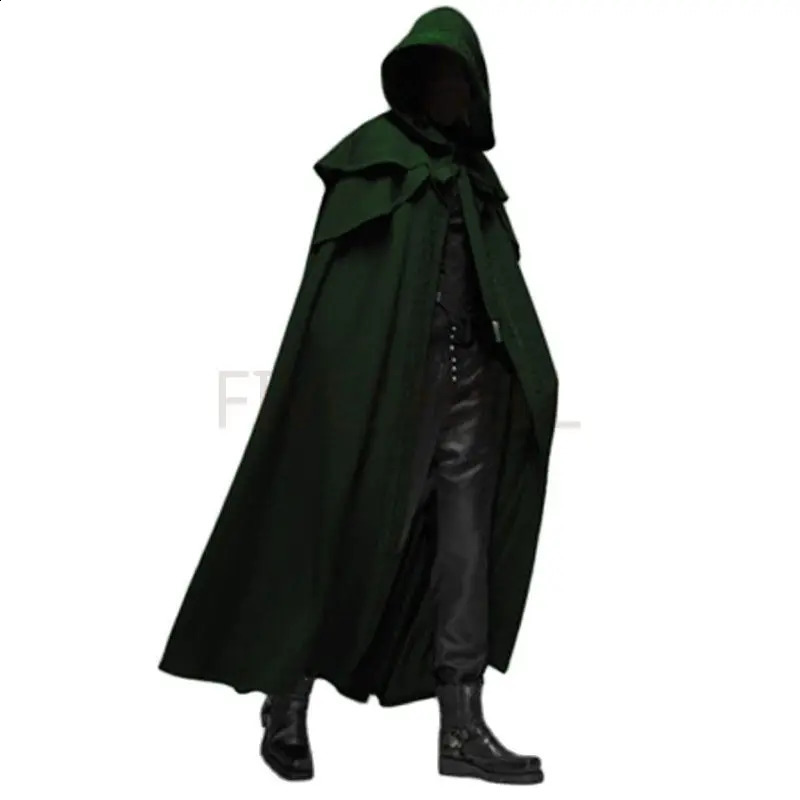 Medieval retro hooded loose black cape jacket windproof trench chic winter long horned raincoat Gothic male monk Halloween role-playing 241203