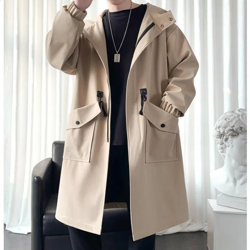 Trench Hooded Long Sleeve Zipper Jacket with Solid Button Splicing Loose Pocket Suitable for High Street and Light Street Fall 241203