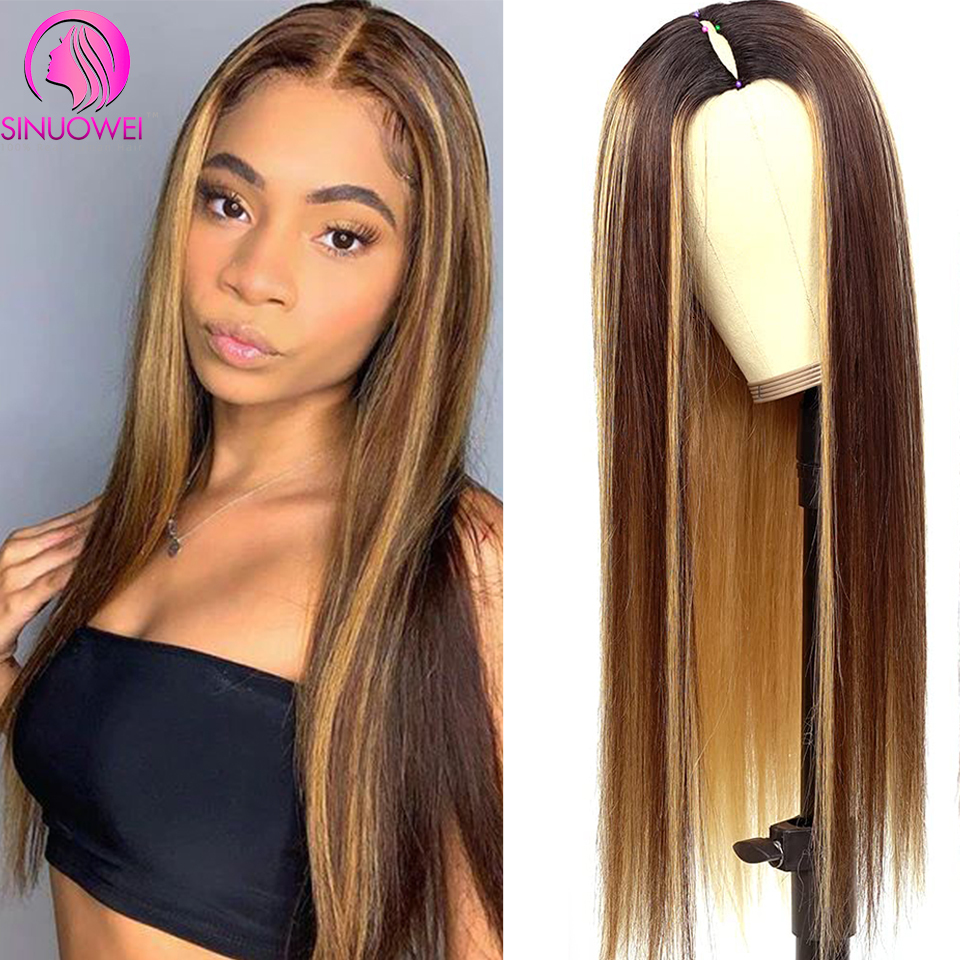 Sinuowei Highlight Part Human Hair Brazilian Straight V Shape No Glue Wig 10-28 Inches For Black Woman