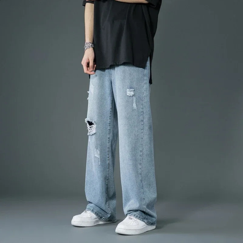 Spring/Summer Thin Tear Jeans Korean Street Fashion Loose Cowboy Trouser Bag Casual Pants S108 241203