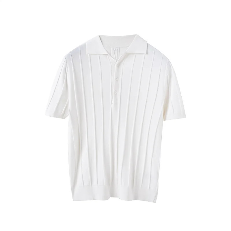 Spring and summer knitted polo shirt mens casual lapel button fashion striped pure cotton top latest silk cotton knitted 241203