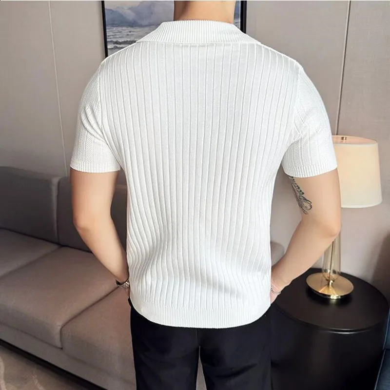 Summer Striped V-neck Knitted Polo Shirt Fashion Mens Short Sleeve Thin Breathable Casual Social T-shirt 4XL-M 241203