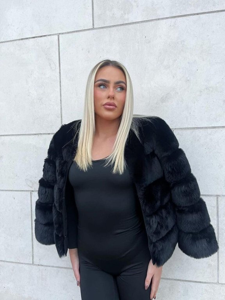Faux Fur Short Coat Women Elegant O-Neck Long Sleeve Artificial Fox Fluffy Lady Furs Jacket 2024 Winter Fashion Female Outwears