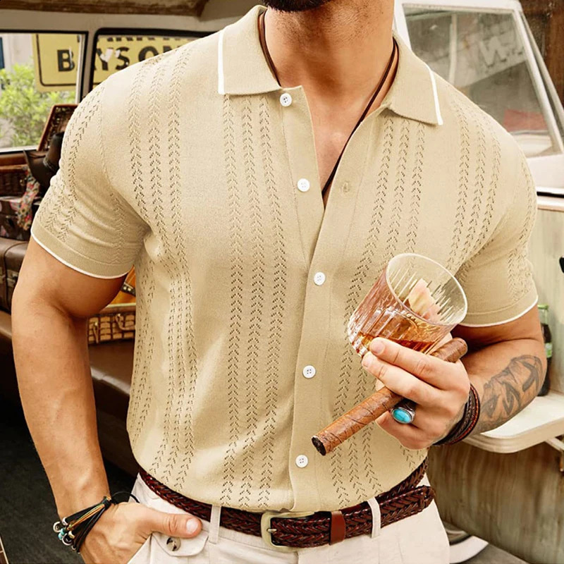 Mens lightweight button casual knitted polo shirt retro solid color short sleeved fashion patchwork knitted 241203