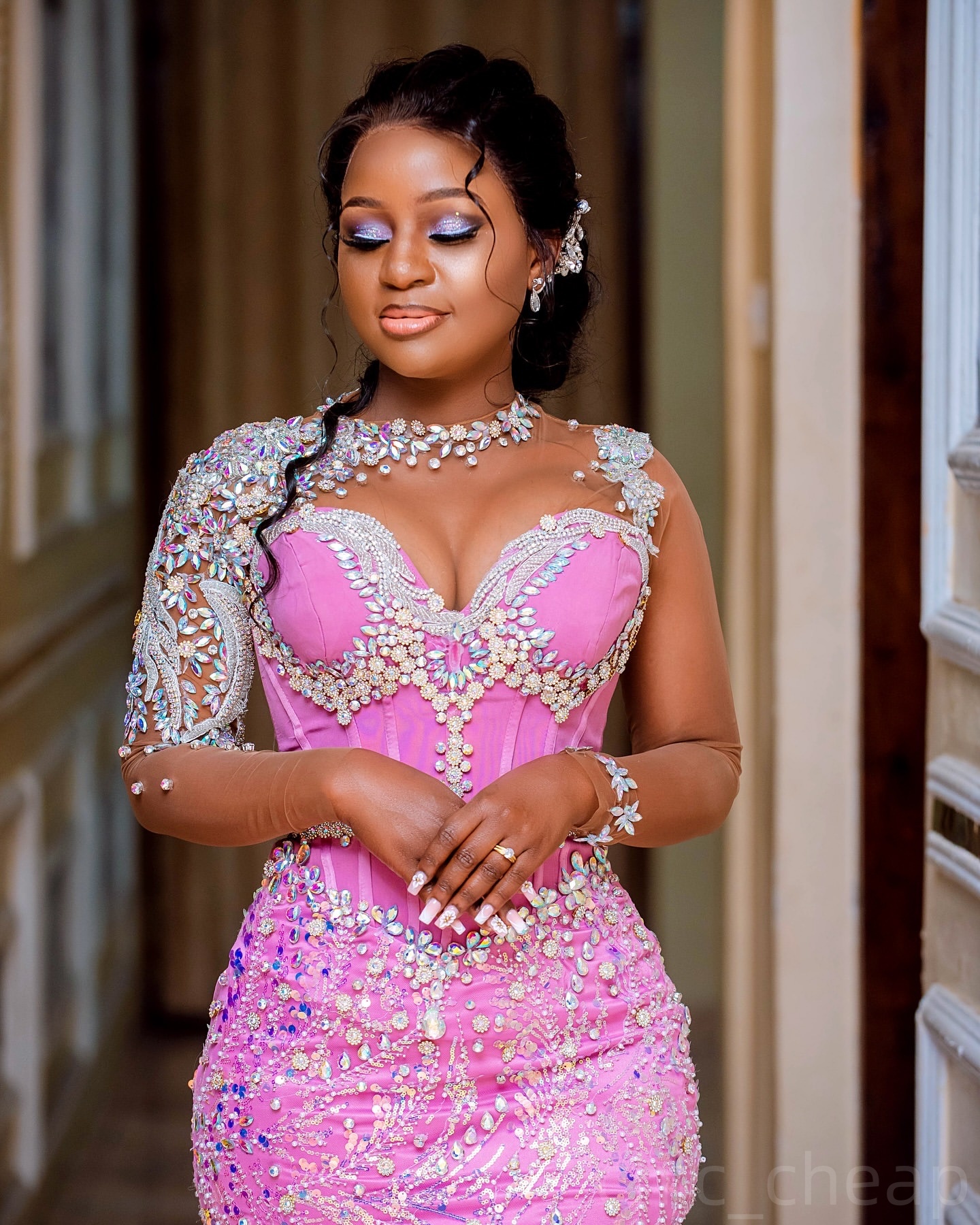 Pink Mermaid Prom Dresses 2024 Rhinestones Sequined Lace Full Sleeves Evening Formal Party Second Birthday Engagement Gowns Plus Size Dress For Specia