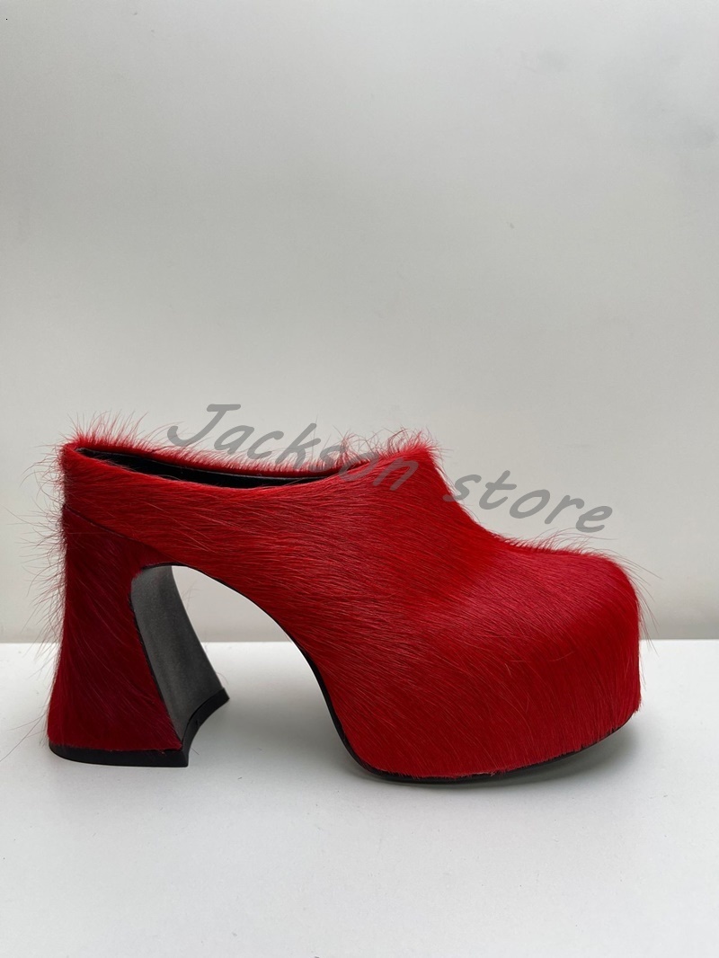 Round Toe Horse Hair Platform Slippers Mules Fashion Thick Sole High Heel Large Size Summer Women Shoes