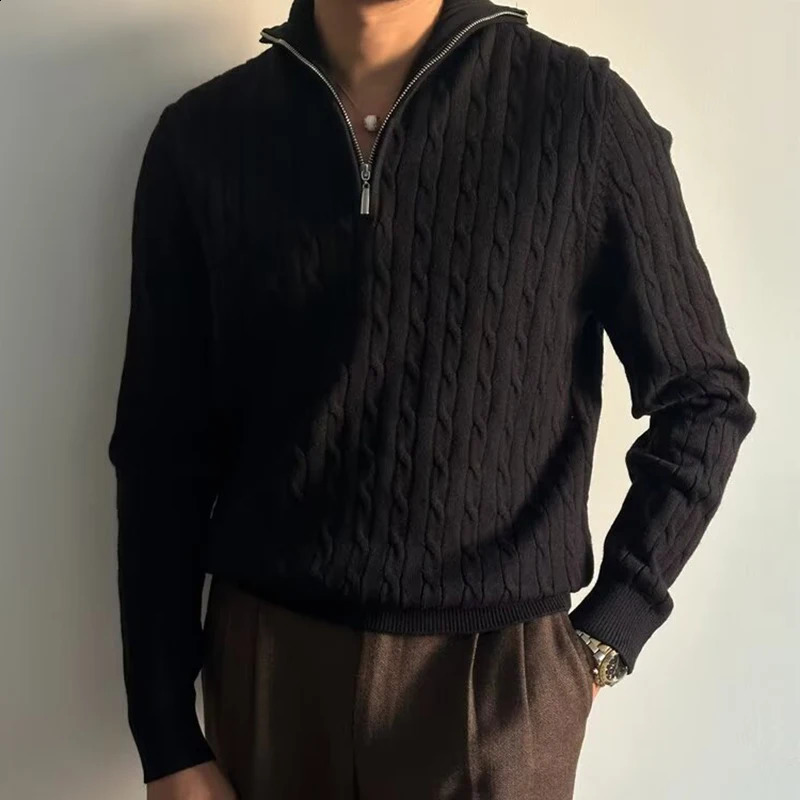 Streetwear Fashion Sweater Mens Polo Sweater Knitted Long Sleeve Zipper Collar Knitted Jumping Top Mens Spring and Autumn Retro Sweater 241203