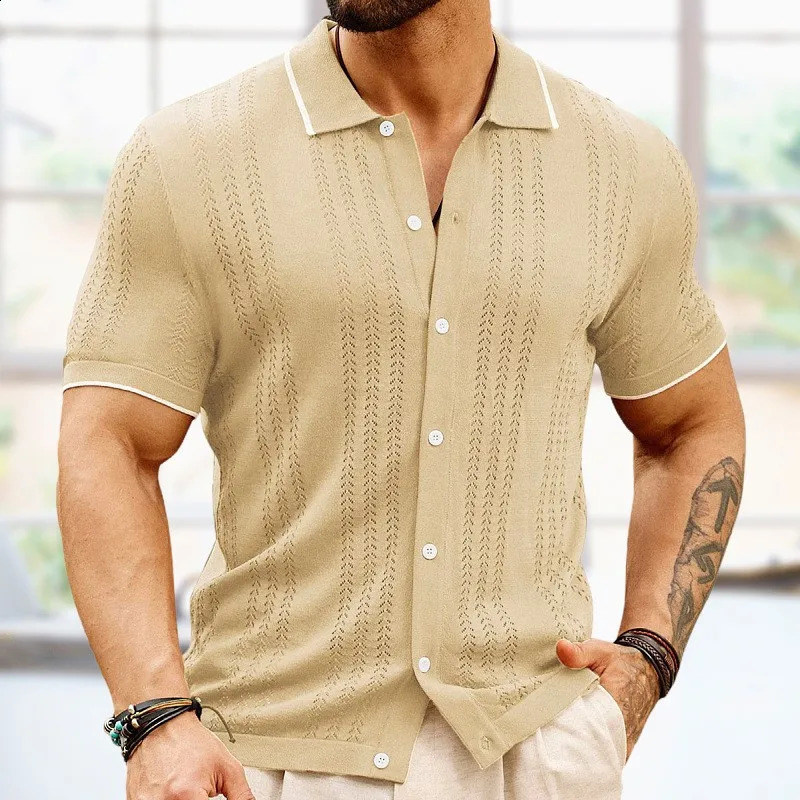 Mens lightweight button casual knitted polo shirt retro solid color short sleeved fashion patchwork knitted 241203