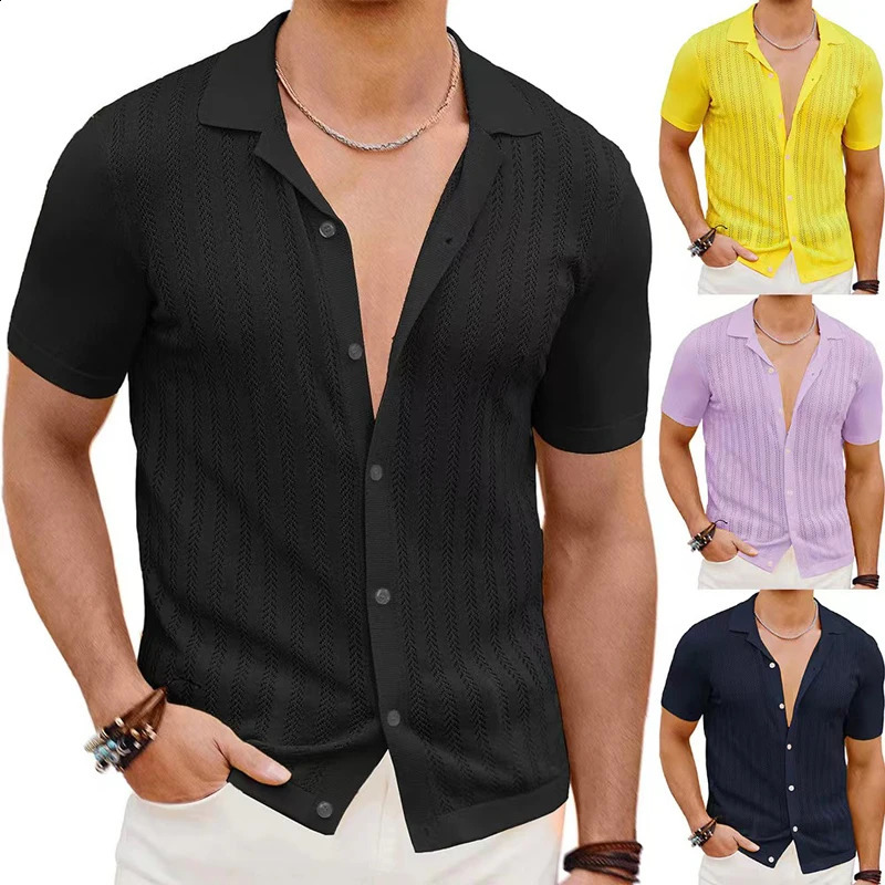 Mens summer short sleeved polo shirt knitted striped solid color breathable cardigan mens streetwear casual polo shirt 241203
