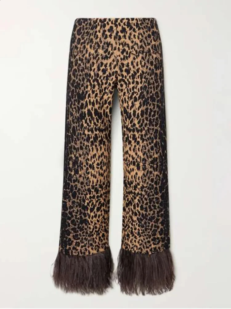 Missoo Autumn Leopard Feather Set Round Neck Long Sleeve Top High Waist Straight Pants Elegant Pants Set 241203