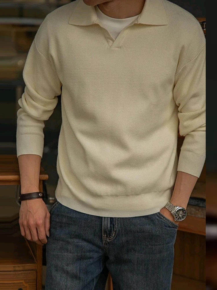 mens collar sweater autumn long sleeved solid color knitted polo shirt mens retro skydiving top streetwear sweater 241203