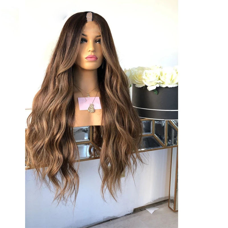 Ombre Chesut Brown Natural Wave V Part 100% Virgin Human Hair Body Wavy U Shape Unprocessed Half Wig Peruvian 250Density 30In'