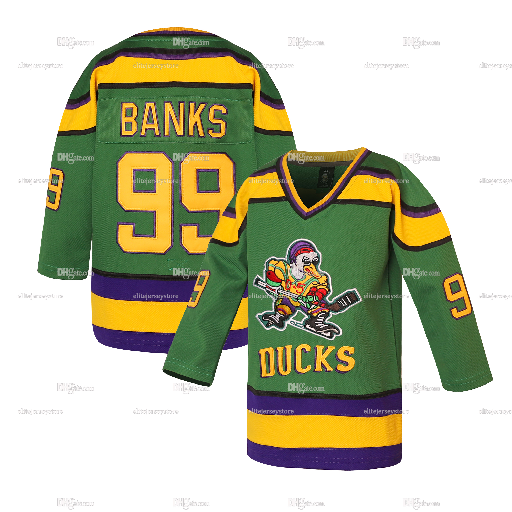 Men Youth Mighty Ducks Movie Jerseys 96 Charlie Conway 99 Adam Banks 33 Greg Goldberg Movie Hockey Jersey Black Green Kids