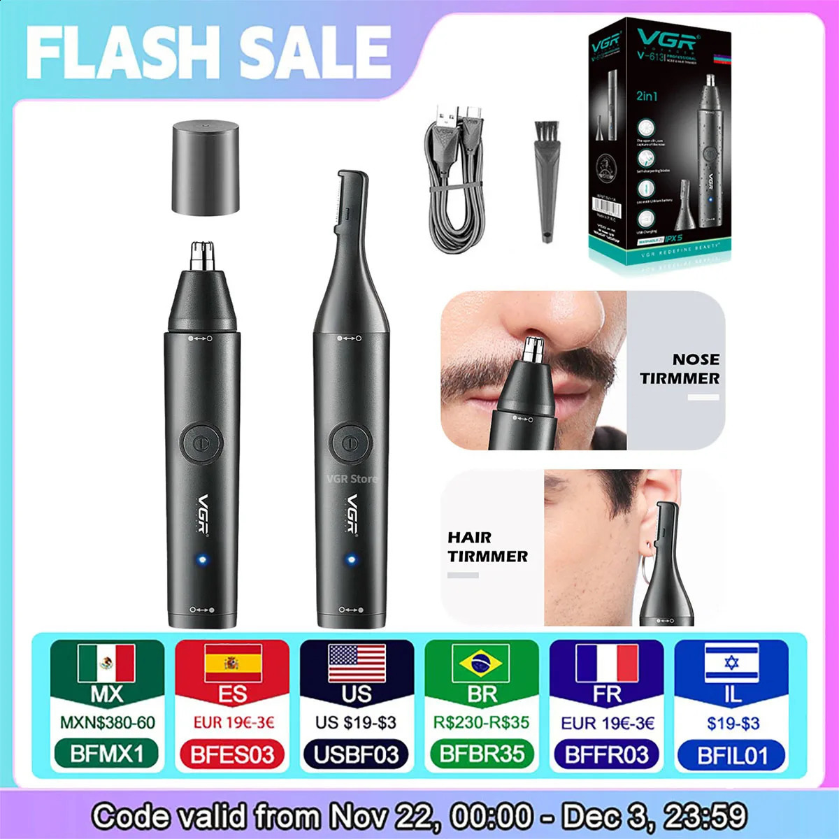 VGR Professional Nose Hair Trimmer Mini Hair Trimmer Electric Nose Trimmer 2 In 1 Clipper Portable Rechargeable Waterproof V-613 241203