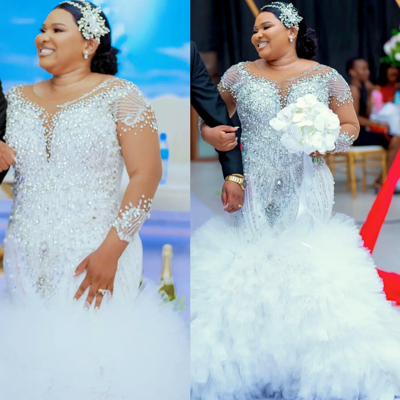 2025 Arabic Aso Ebi Plus Size Off White Mermaid Wedding Dresses Rhinestones Detachable Train Sequined Lace Vintage Bridal Gowns Dress ZJ208