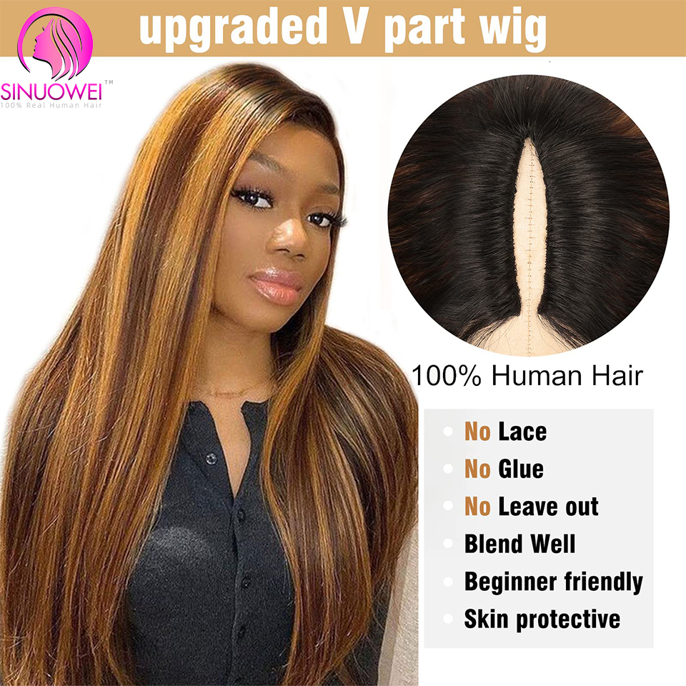 Sinuowei Highlight Part Human Hair Brazilian Straight V Shape No Glue Wig 10-28 Inches For Black Woman