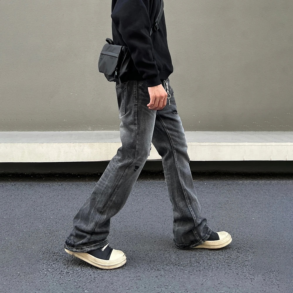 Open collar jeans mens black streetwear Y2k denim pants autumn and winter casual fashion street retro cool stacked straight leg Trouser 241203