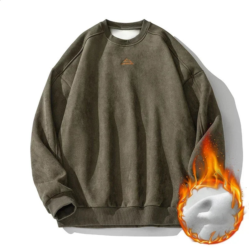 TFETTERS Chamois Mens Wool Leather Sweatshirt Autumn Winter Warm O-neck Couple Pull Out Outdoor Fashion Mens Wear 241203