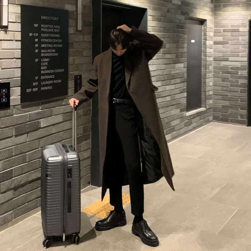 FEWQ Mens Woolen Coat Knee Korean Fashion Winter Thick Windbreaker Solid Color Long Sleeve Male Trench Casual 24E5103 241204