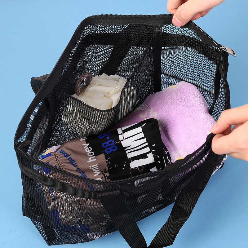 Mesh Travel Wash Bag One Shoulder Swimming Beach Bag Portable Wash Storage Bag Foldable Hollow Out Shopping Bag