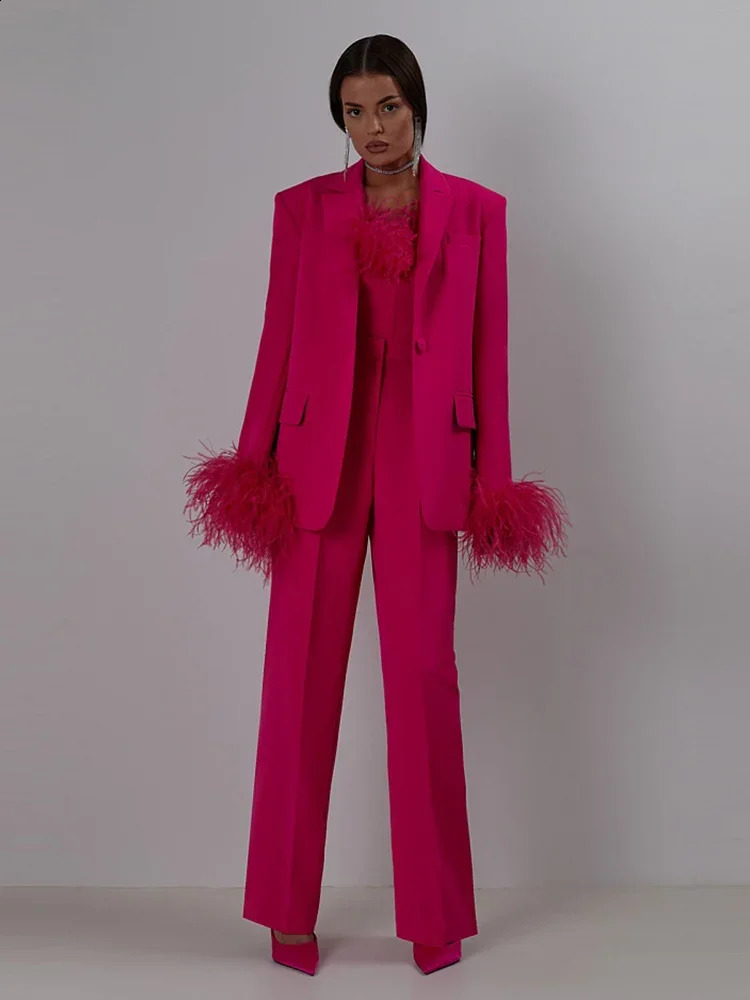 Sexy Feathers Blazer PantSuit Women Black Rose Red Feather Long Sleeve Blazer JacketHihg Waist Pants Two Piece Sets Party Suits 241203